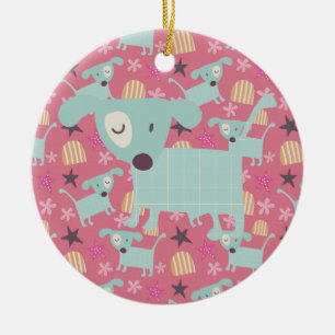 Puppies, Stars, and Flowers Ceramic Ornament