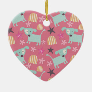 Puppies, Stars, and Flowers Ceramic Ornament