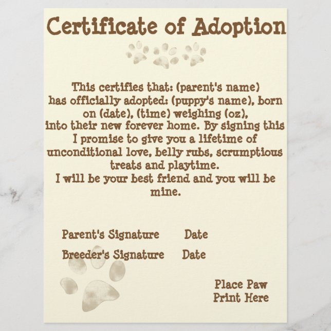 Puppy Adoption Certificate (Front)