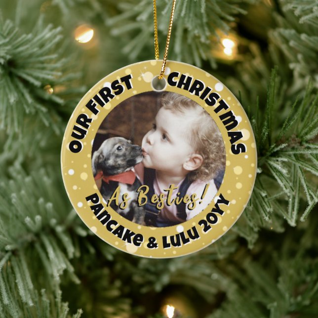 Puppy and Baby's 1st Christmas Photo Gold Border Ceramic Ornament (Tree)