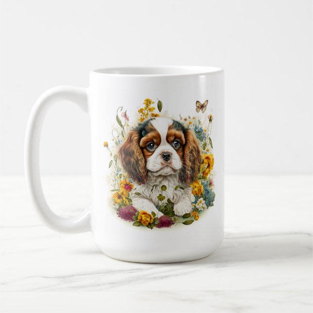 Puppy and Flowers Cavalier King Charles Spaniel #4 Coffee Mug (Left)