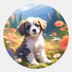 Puppy and Flowers Classic Round Sticker