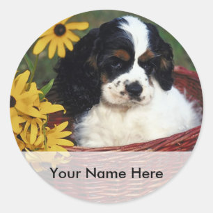 Puppy and Flowers in a Basket Bookplate Sticker
