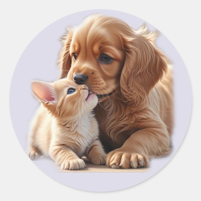 Puppy and Kitten Classic Round Sticker (Front)