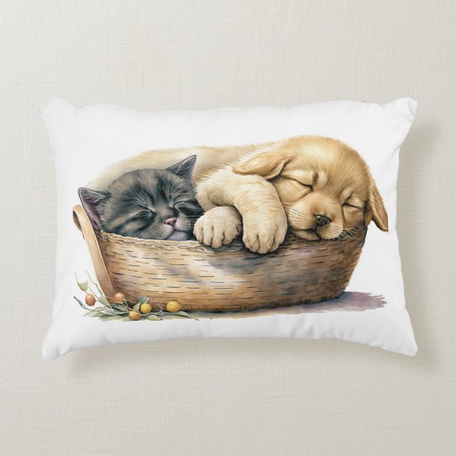 Puppy And Kitten In Basket Accent Pillow (Front)
