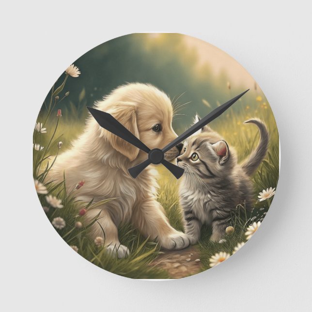 Puppy And Kitten Round Clock (Front)