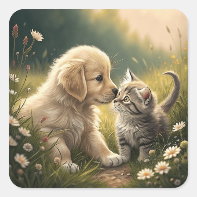 Puppy And Kitten Square Sticker (Front)