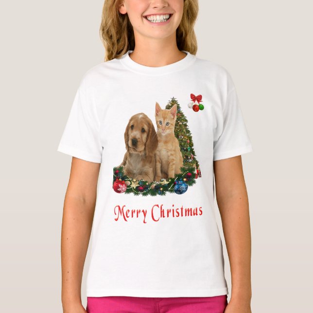 Puppy and Kittens Christmas  T-Shirt (Front)
