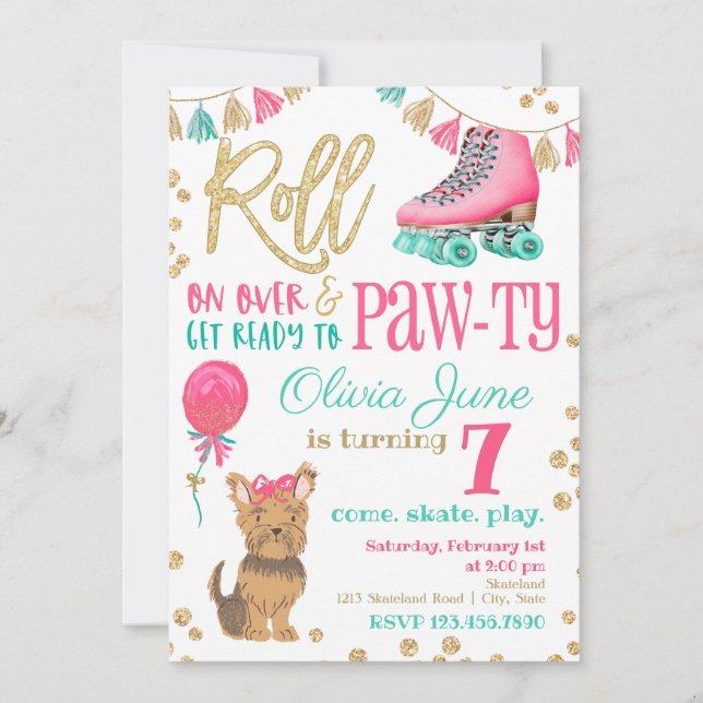 Puppy and Roller Skating Birthday Invitation (Front)