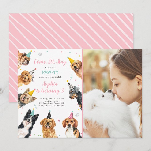 Puppy Anniversaire Invitation Chien Party Pawty Gi (Devant / Derrière)