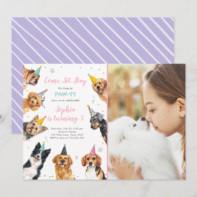 Puppy Anniversaire Invitation Chien Party Pawty Gi (Devant / Derrière)