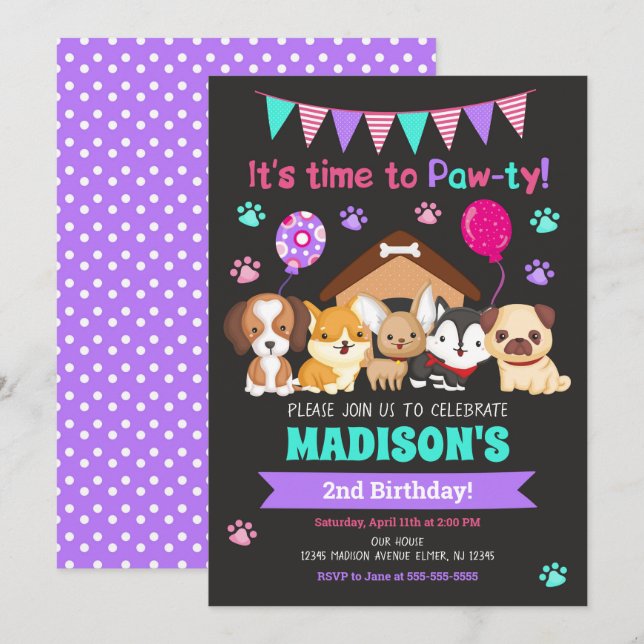 Puppy Anniversaire Invitation / Fille Paw-ty (Devant / Derrière)