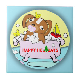 Puppy Bathtub Happy Holidays Tile