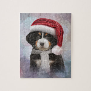puppy Bernese Mountain Dog in red hat of Santa Jigsaw Puzzle