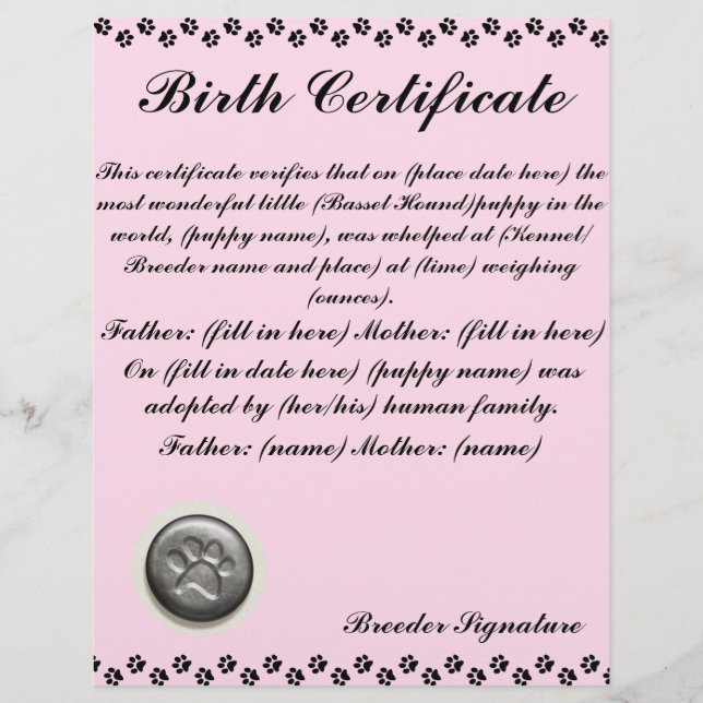 Puppy Birth Certificate (Front)
