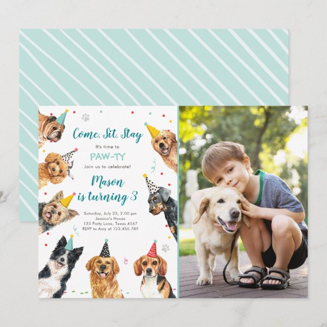 Puppy Birthday Invitation Chien Party Pawty Boy (Devant / Derrière)