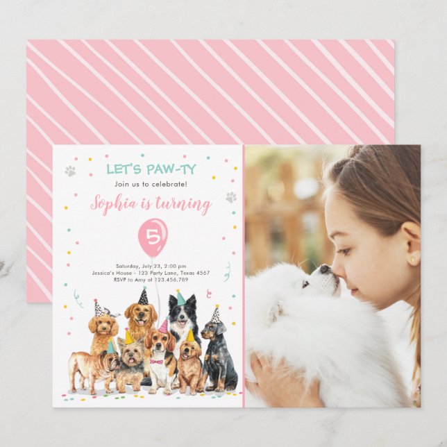 Puppy Birthday Invitation Dog Party Pawty Girl (Front/Back)