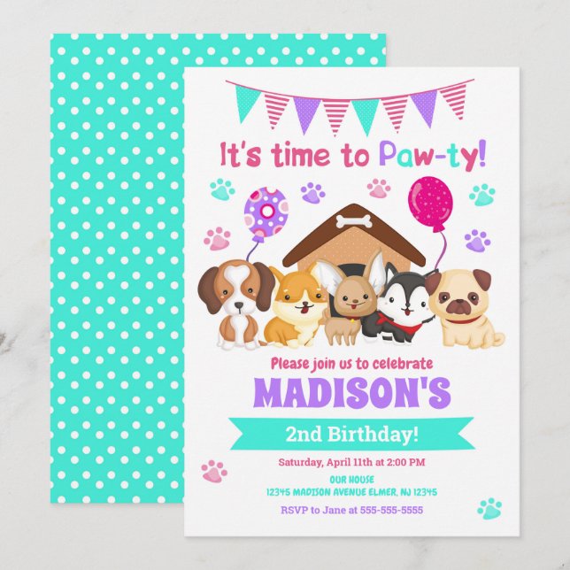 Puppy Birthday Invitation / Girl Paw-ty (Front/Back)