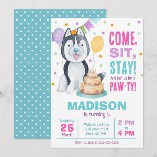 Puppy Birthday Invitation Girl Paw-ty Husky
