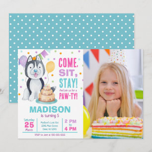 Puppy Birthday Invitation Photo Girl Paw-ty Husky