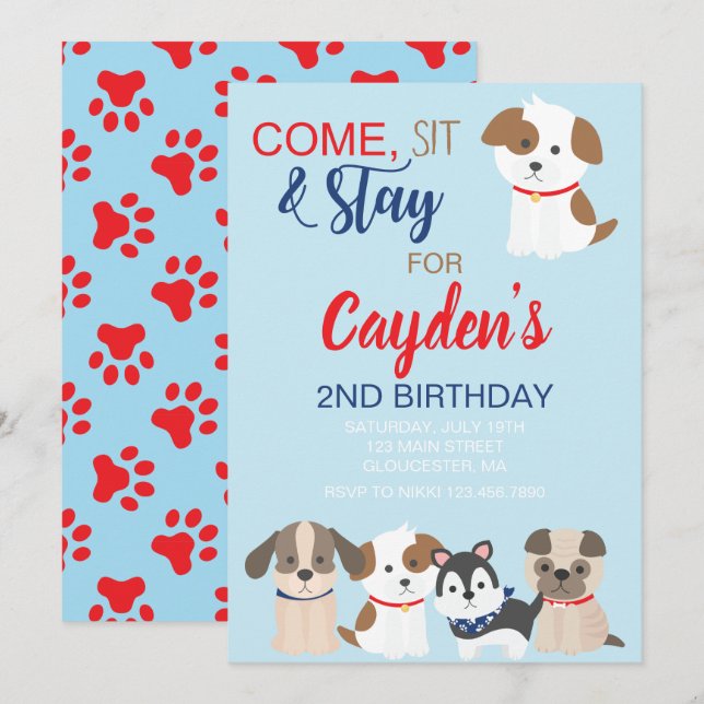 Puppy birthday party invitation Blue Red (Front/Back)