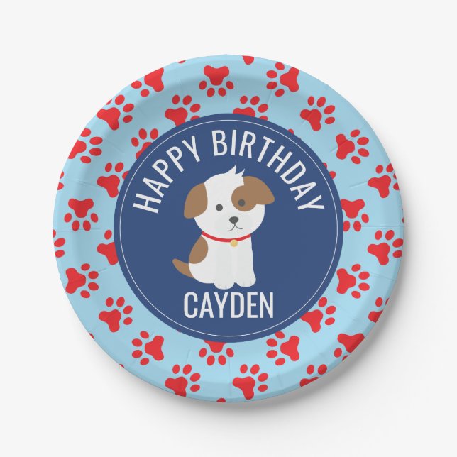 Puppy birthday party plates blue red paw prints (Front)