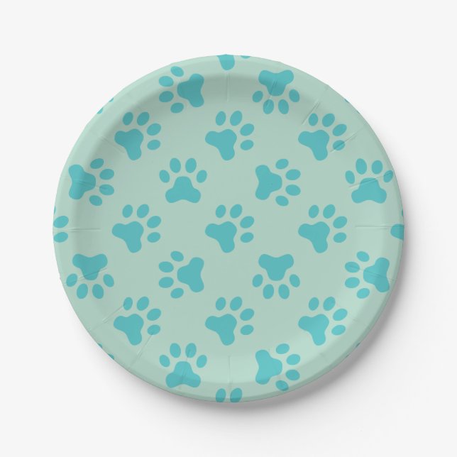 Puppy birthday party plates turquoise paw prints (Front)