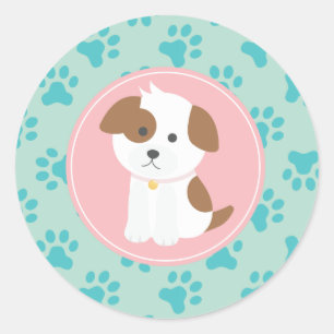 Puppy Birthday Party Sticker mint  and pink