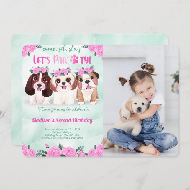 Puppy Birthday Photo Invitation (Front/Back)