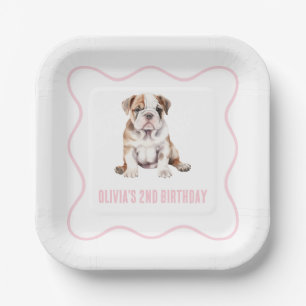 Puppy bulldog preppy pink plaid birthday paper plate
