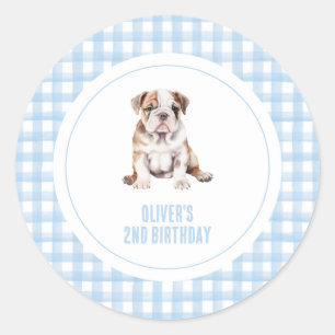 Puppy bulldog preppy plaid birthday classic round sticker