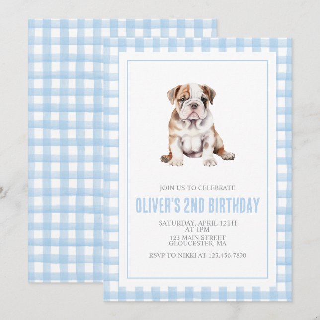 Puppy bulldog preppy plaid birthday invitation (Front/Back)