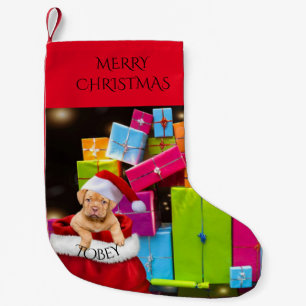 Puppy christmas stocking with custom name.