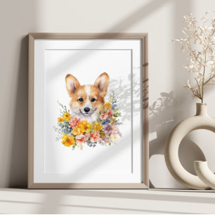 Puppy Corgi pet watercolour flower Poster