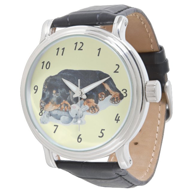 puppy cuddling teddy bear rottweiler dog watch (Angled)