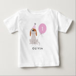 Puppy Dog Birthday Girl | Add Age Name Baby T-Shirt<br><div class="desc">Celebrate your child's birthday with this cute puppy dog illustration with a party hat and balloon. Personalize this fun birthday t shirt by adding your kid's name and age. The party hat and the balloon is in pink colour.</div>