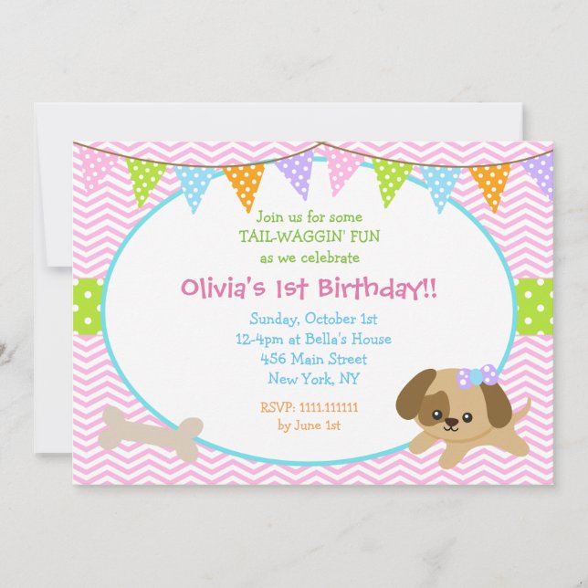 Puppy Dog Birthday Invitations for Girl (Front)