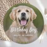 Puppy Dog Birthday Party Custom Pet Photo Paper Plate<br><div class="desc">Birthday Boy! Add the finishing touch to your puppy or dog birthday party with this simple pet photo birthday boy design dog birthday party paper plates. Add your pup's favourite photo and personalize with name, birthday number. Change to Birthday Girl of a girl pup. Visit our collection for matching pet...</div>