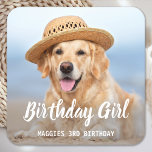 Puppy Dog Birthday Party Personalized Pet Photo Square Paper Coaster<br><div class="desc">Birthday Girl! Add the finishing touch to your puppy or dog birthday party with this simple pet photo birthday boy design dog birthday party coasters. Add your pup's favourite photo and personalize with name, birthday number. Change to Birthday Boy of a boy pup. Visit our collection for matching pet birthday...</div>