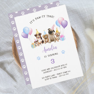 Puppy Dog Birthday Party Purple Watercolor Invitation