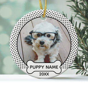 Puppy Dog Christmas Photo Polka Dot Black White Ceramic Ornament