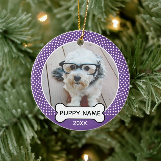 Puppy Dog Christmas Photo Polka Dot Purple Ceramic Ornament (Tree)