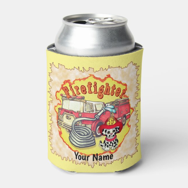 Puppy Dog  Firetruck Firefighter custom Can Cooler (Can Front)