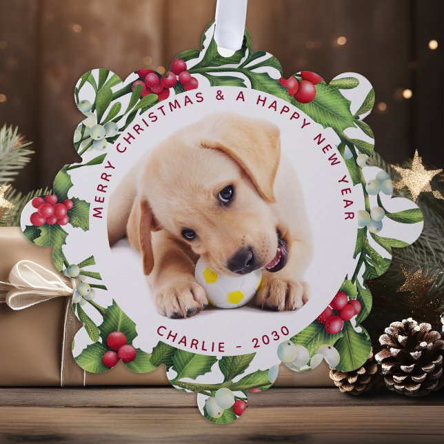 Puppy Dog First Christmas Custom 2 Photo Mistletoe Ornament Card (Creator Uploaded)