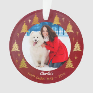 Puppy Dog First Christmas Pet Photo Red Tree