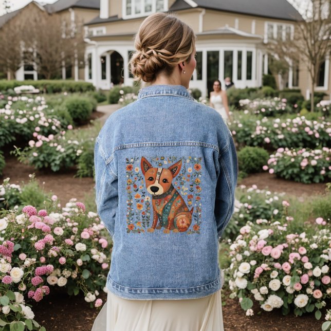 Puppy Dog Floral Folk Art Denim Jacket (Wedding Back)