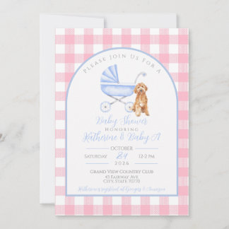 Puppy Dog Girl Baby Shower Gingham Invitation Pink