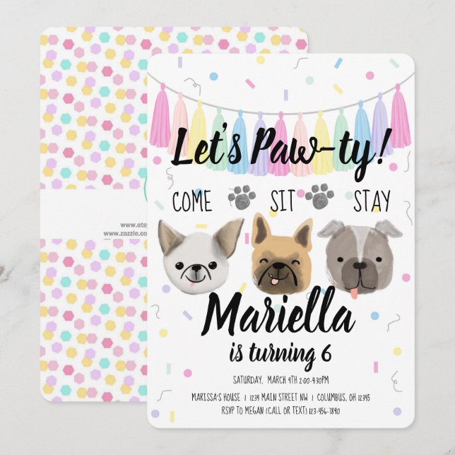 Puppy Dog Girl Birthday Pawty Invitation (Front/Back)