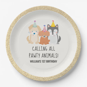Puppy Dog Gold Glitter Pawty Animals Birthday Paper Plate