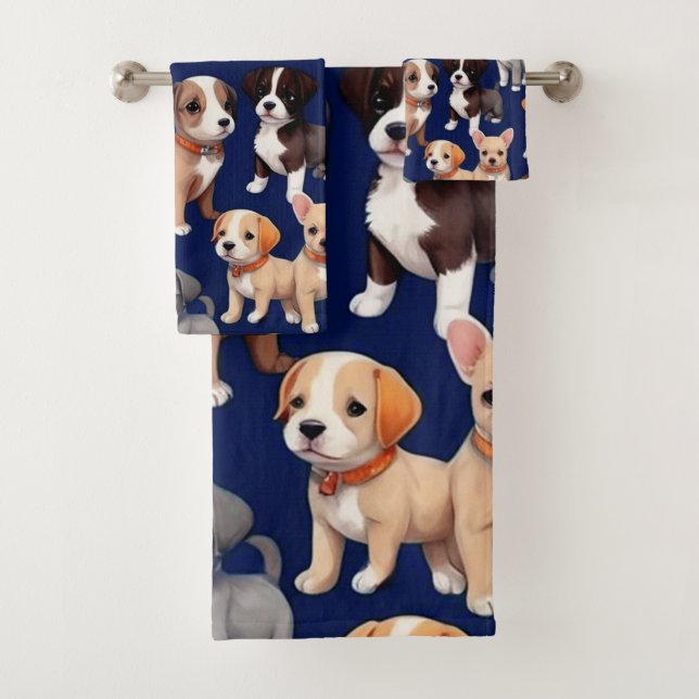 Puppy Dog Navy Blue Pattern Design Bath Towel Set (Insitu)